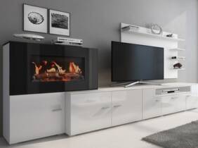 Cupón descuento oferta Mueble de salón con chimenea eléctrica: Blanco y negro brillante